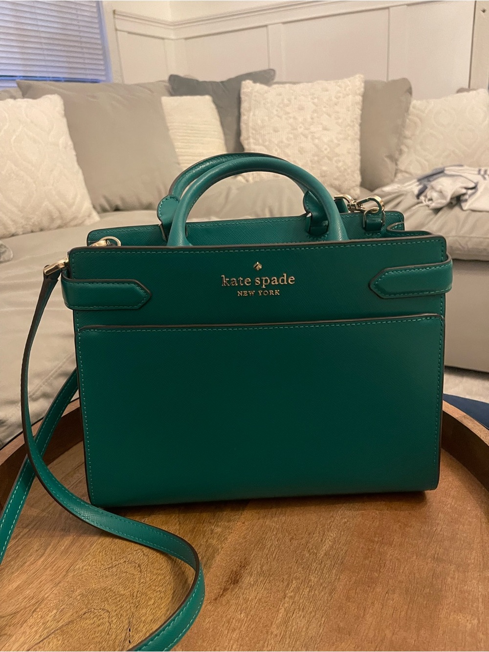 kate spade Teal Structured Leather Satchel with Crossbody Strap